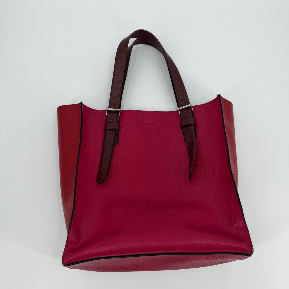 REED Modern American Luxury Red Pink Colorblock Pebbled Tote Bag with Pouch